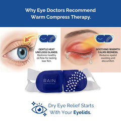Rain mask in use on closed eyes illustrating soothing moist heat and relaxation