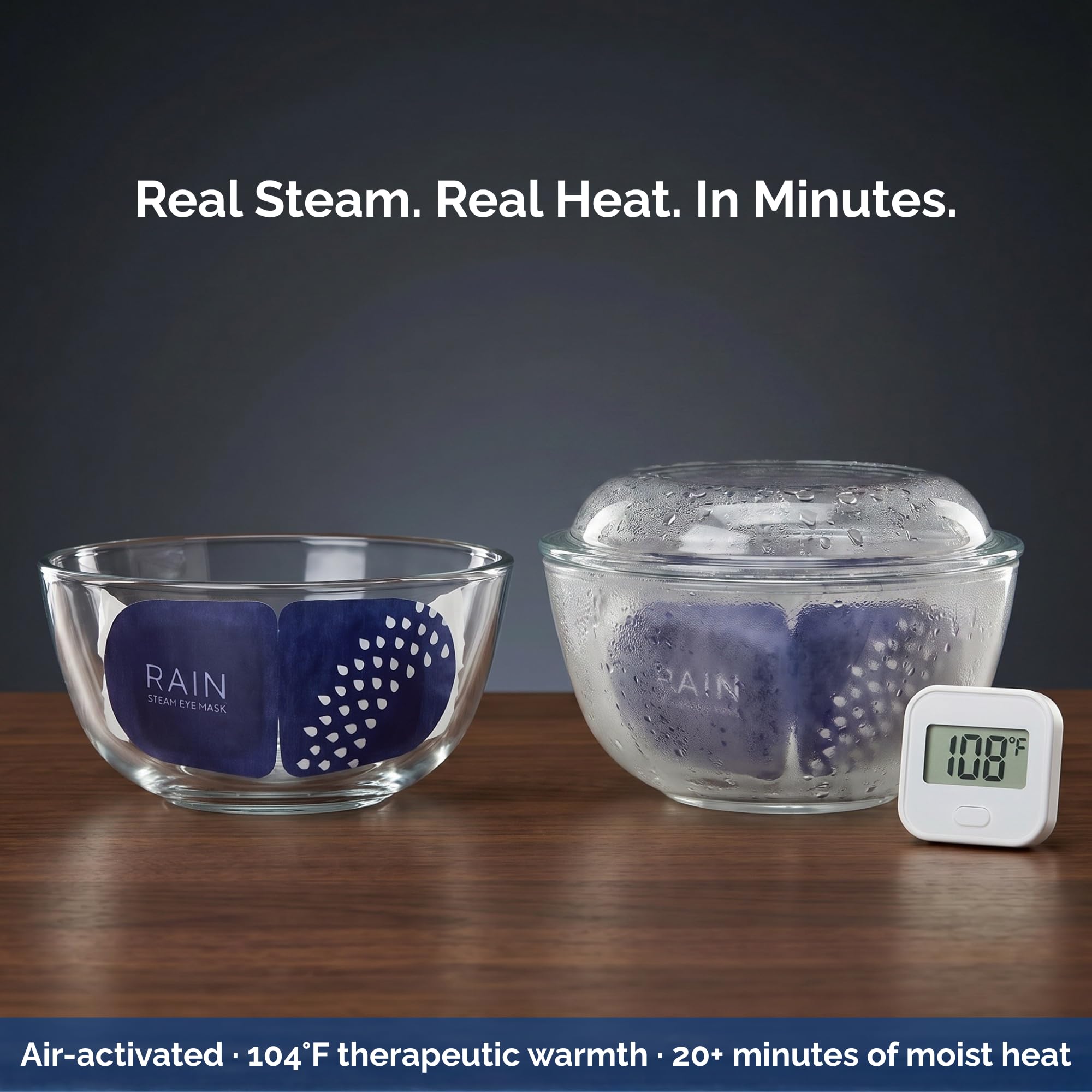 Rain side profile of heated eye mask demonstrating gentle dome shape for eyelids