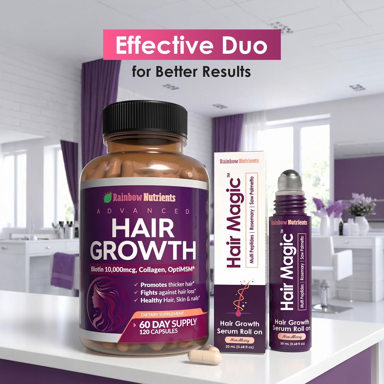 Rainbow Nutrients on bathroom counter demonstrating daily routine compatibility