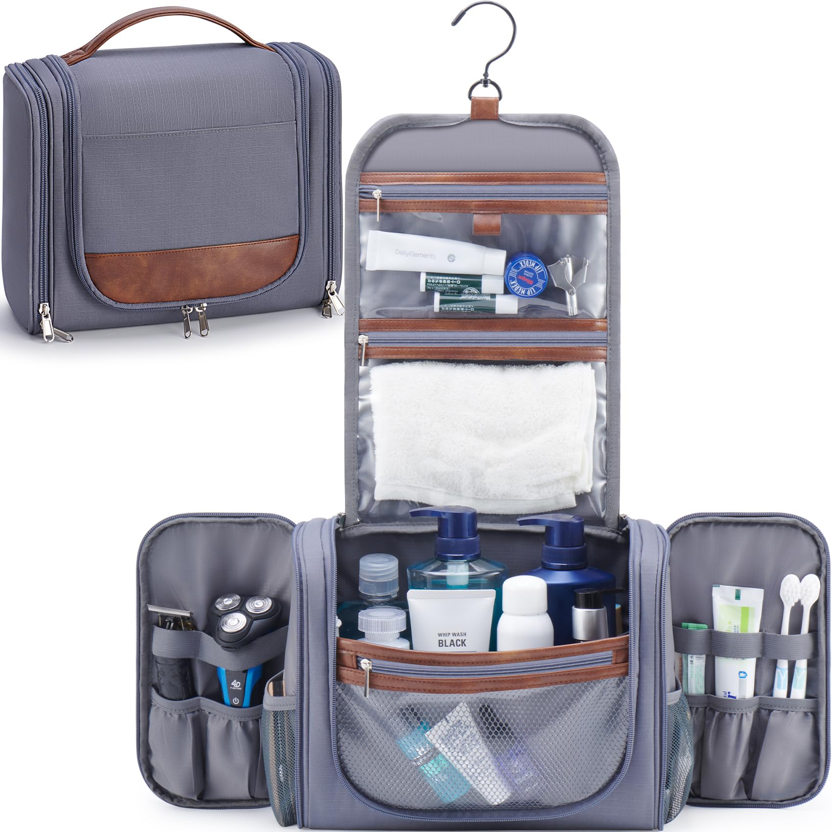 Ralnitote front view gray toiletry bag showing sleek organized profile and travel-ready look