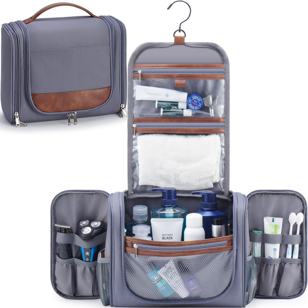 Ralnitote front view gray toiletry bag showing sleek organized profile and travel-ready look