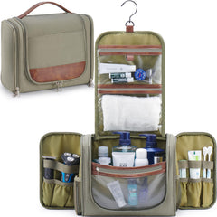 Ralnitote front view of green toiletry bag showing refined design and storage benefit