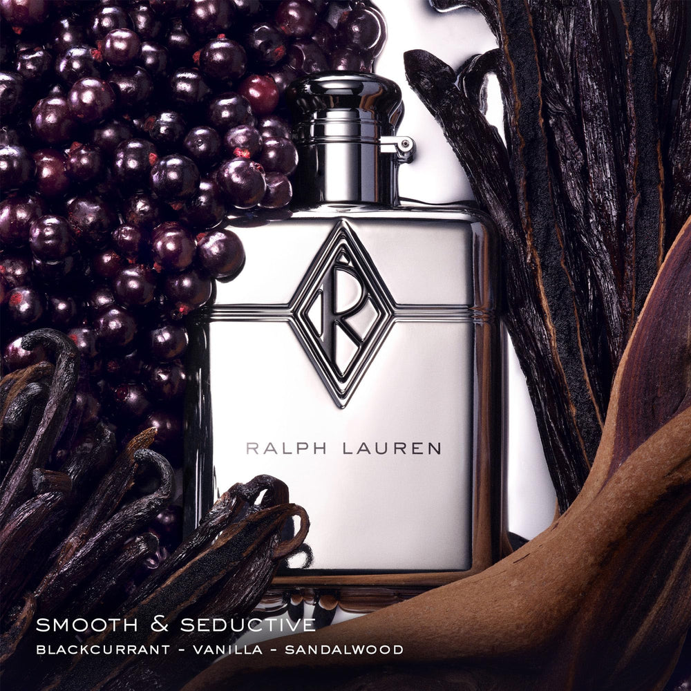 RALPH LAUREN FRAGRANCES close-up of chrome bottle detail benefit: modern refined finish