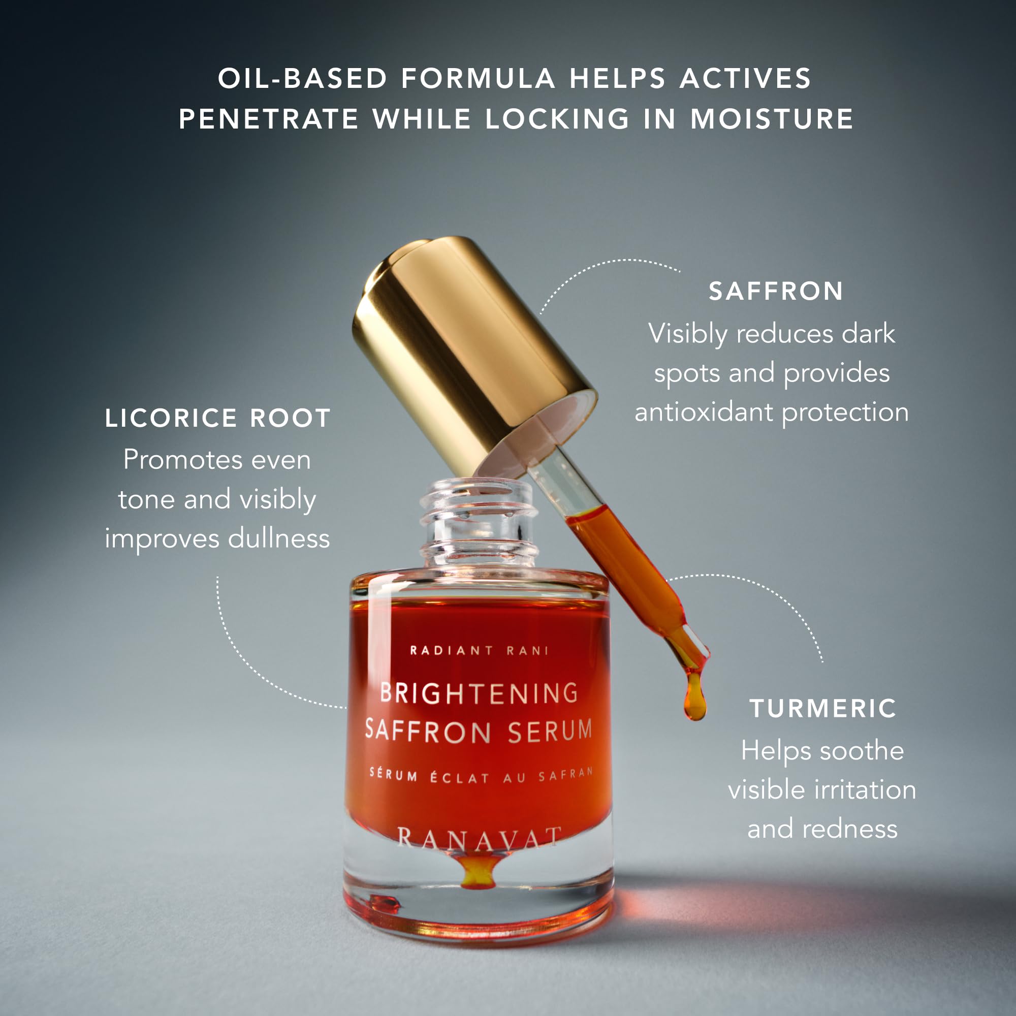 RANAVAT hand applying droplets of serum for targeted dark spot benefit