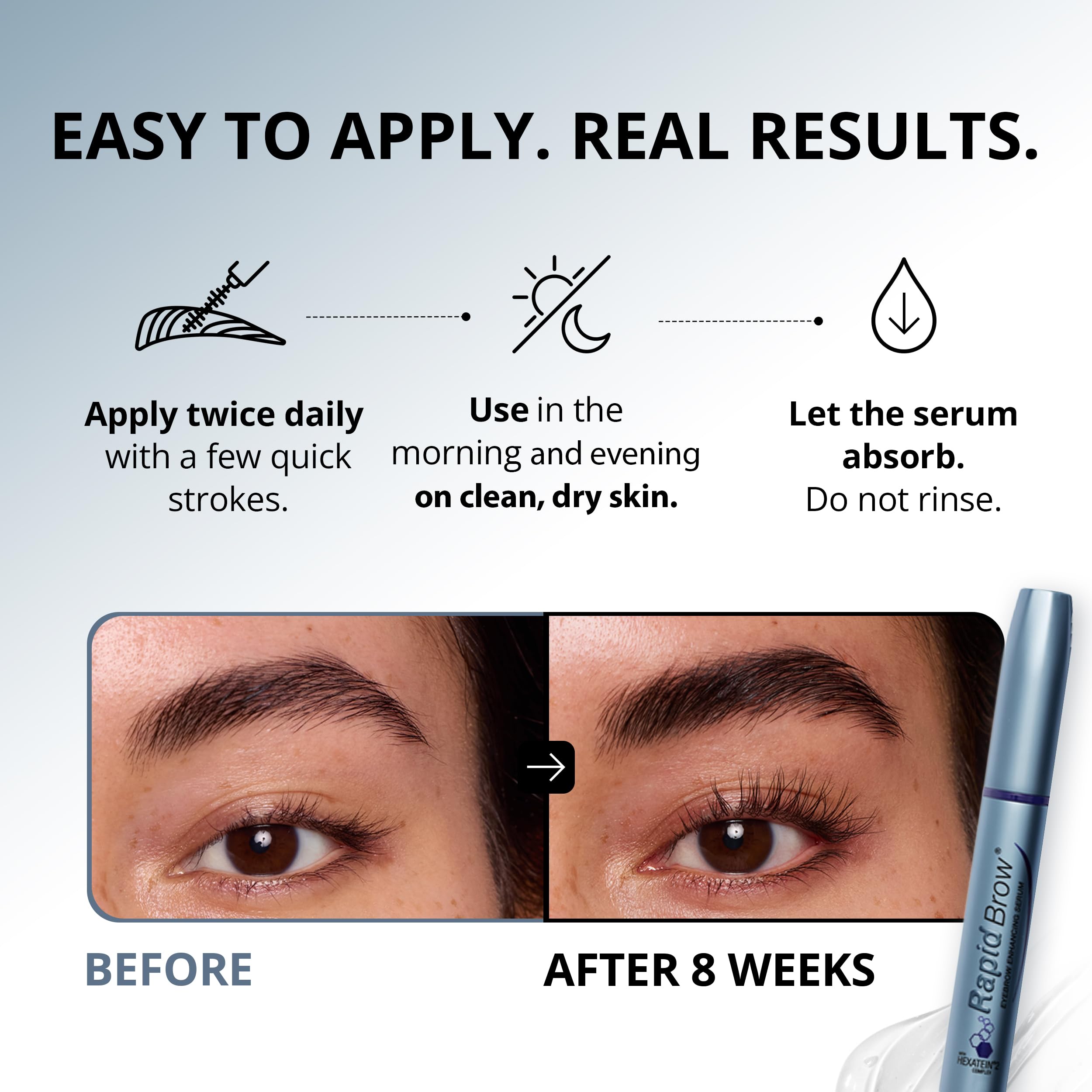 RapidBrow serum texture droplet on finger highlighting lightweight, nourishing feel
