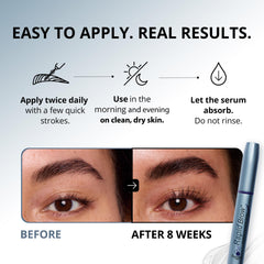 RapidBrow serum texture droplet on finger highlighting lightweight, nourishing feel