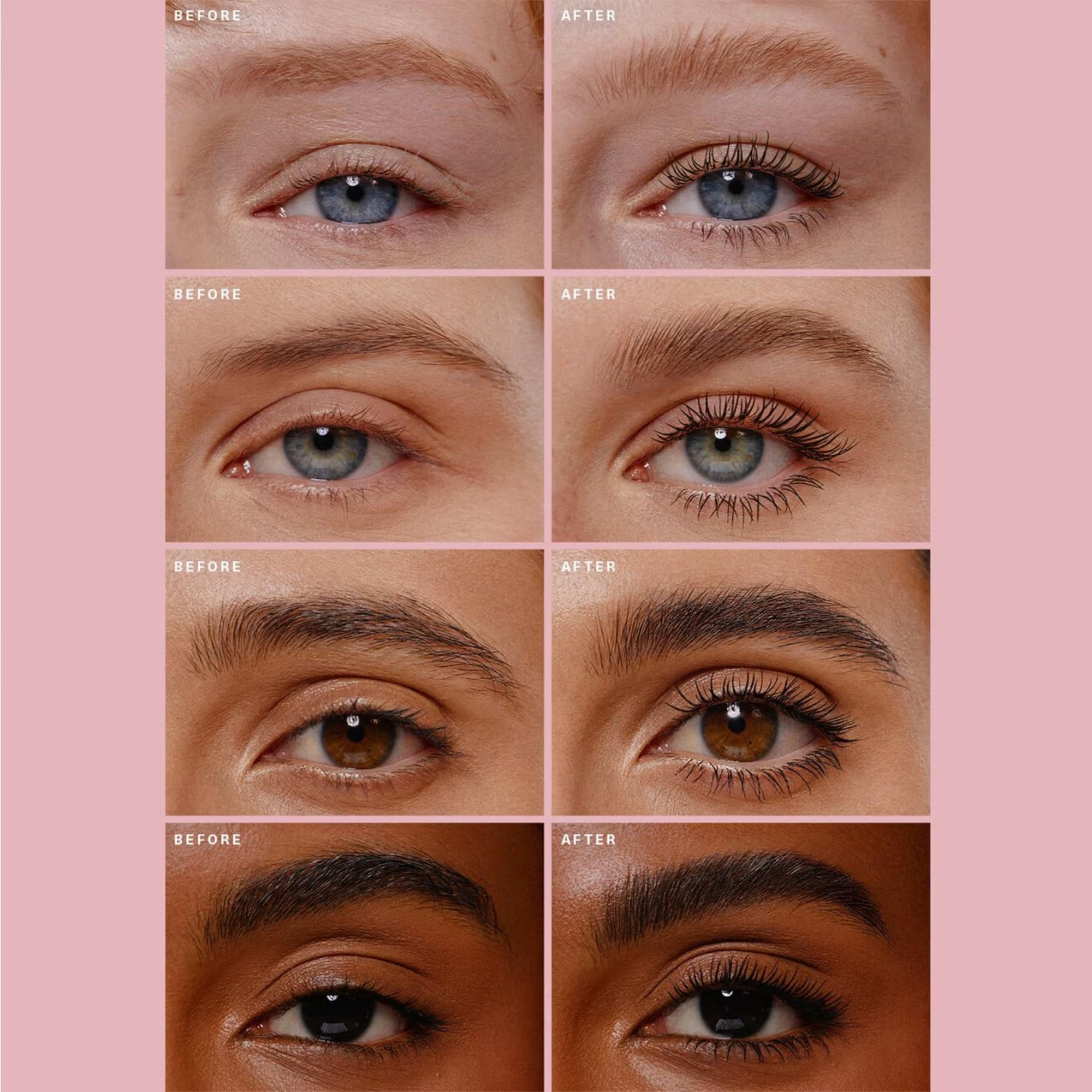 Rare Beauty on model showing lifted lashes and sculpted brows