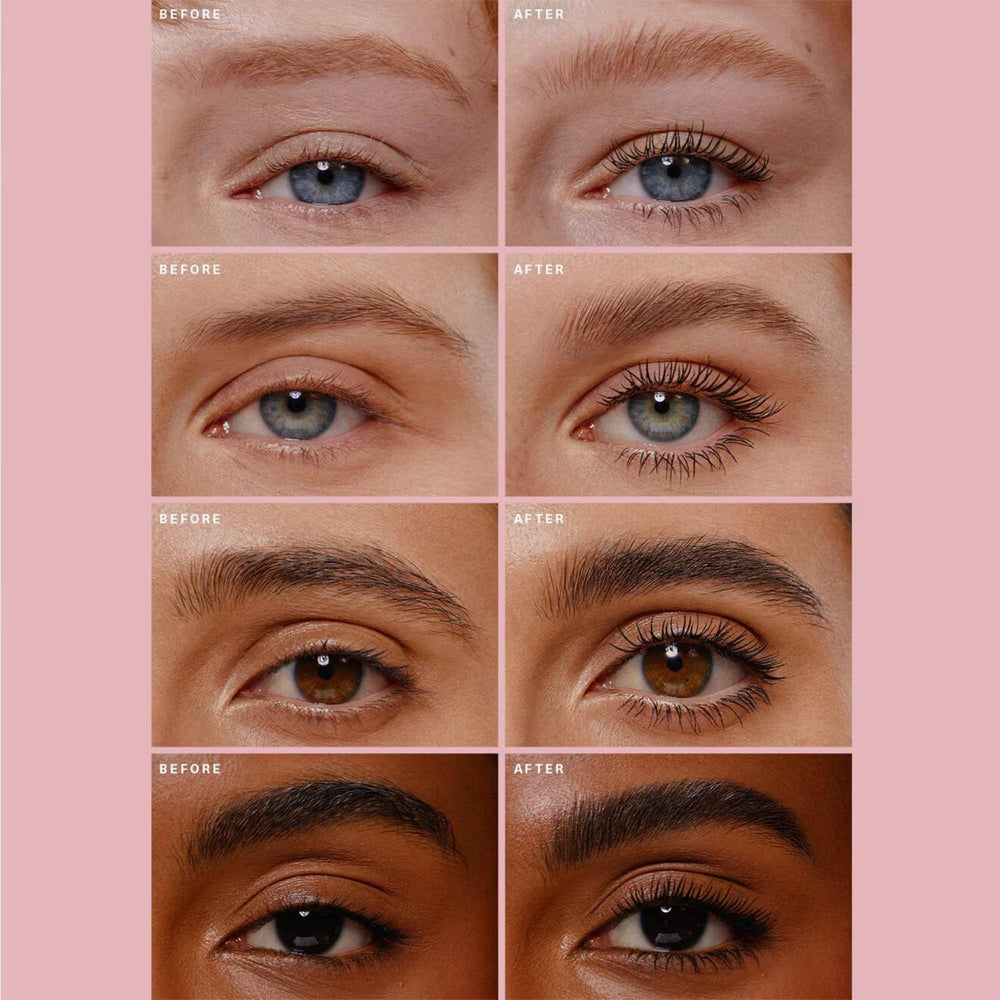 Rare Beauty on model showing lifted lashes and sculpted brows