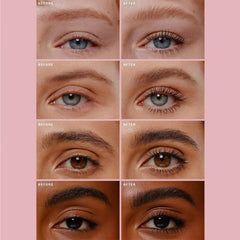 Rare Beauty on model showing lifted lashes and sculpted brows