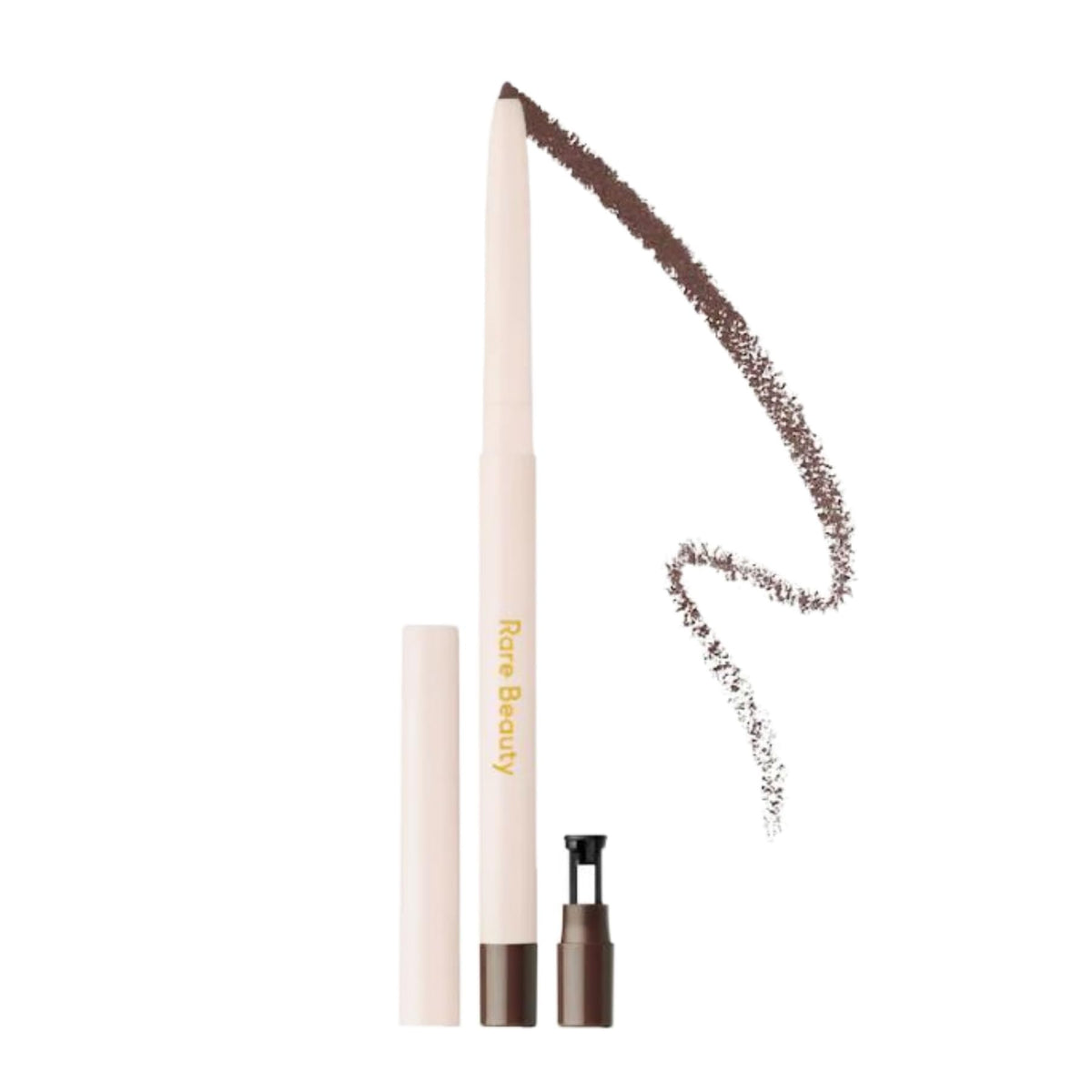 Rare Beauty pencil front view showing True Brown shade and precise tip for clean lines
