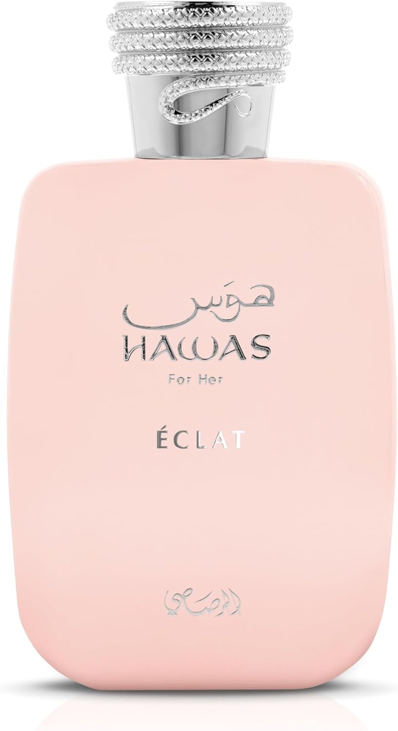 Rasasi Hawas Eclat front bottle image showing elegant glass and rose-gold cap for gifting