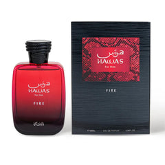 RASASI Hawas Fire side profile highlighting bottle shape and premium finish