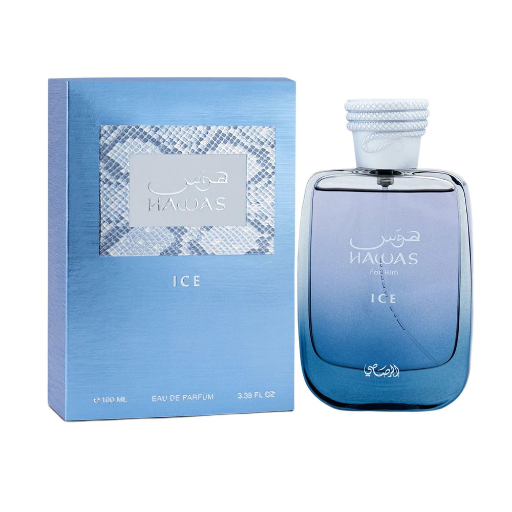 RASASI Hawas Ice bottle front view showing sleek packaging and premium appeal