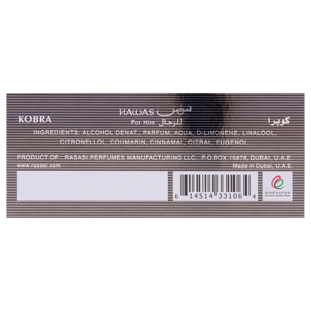 RASASI Hawas Kobra size and scale with hand illustrating bottle dimensions and portability