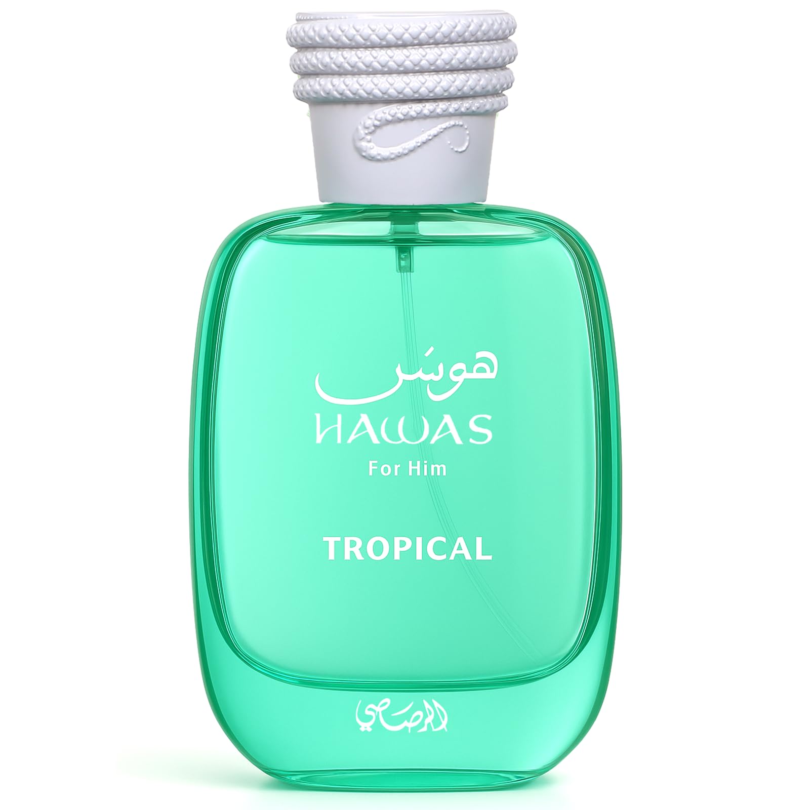 Rasasi Hawas Tropical front bottle showing packaging and spray, conveys fresh daytime appeal