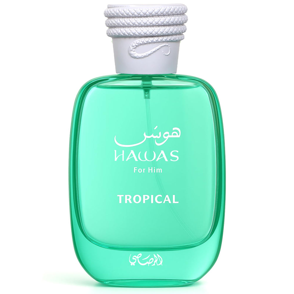 Rasasi Hawas Tropical front bottle showing packaging and spray, conveys fresh daytime appeal