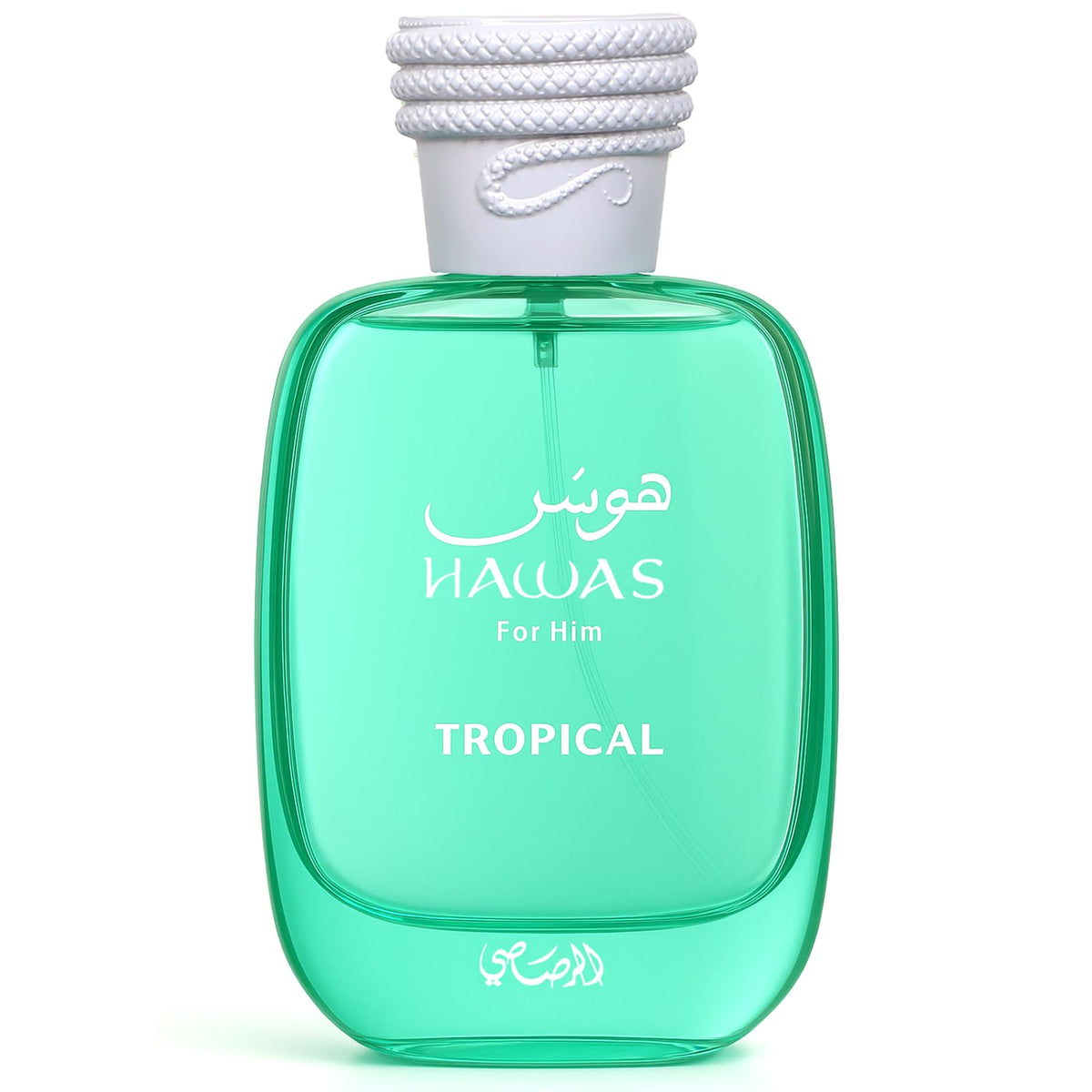 Rasasi Hawas Tropical front bottle showing packaging and spray, conveys fresh daytime appeal