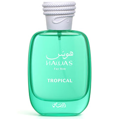 Rasasi Hawas Tropical front bottle showing packaging and spray, conveys fresh daytime appeal