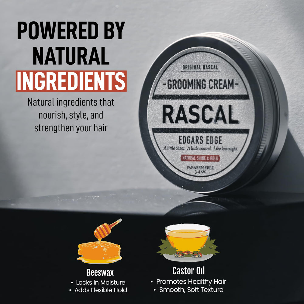 Rascal men's grooming jar held in hand to show 3.4 oz scale, demonstrates travel-friendly size