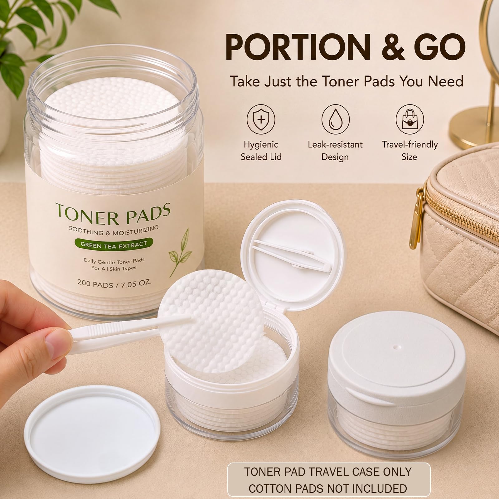 RattanView two jars on a vanity and in a toiletry bag for organized travel use