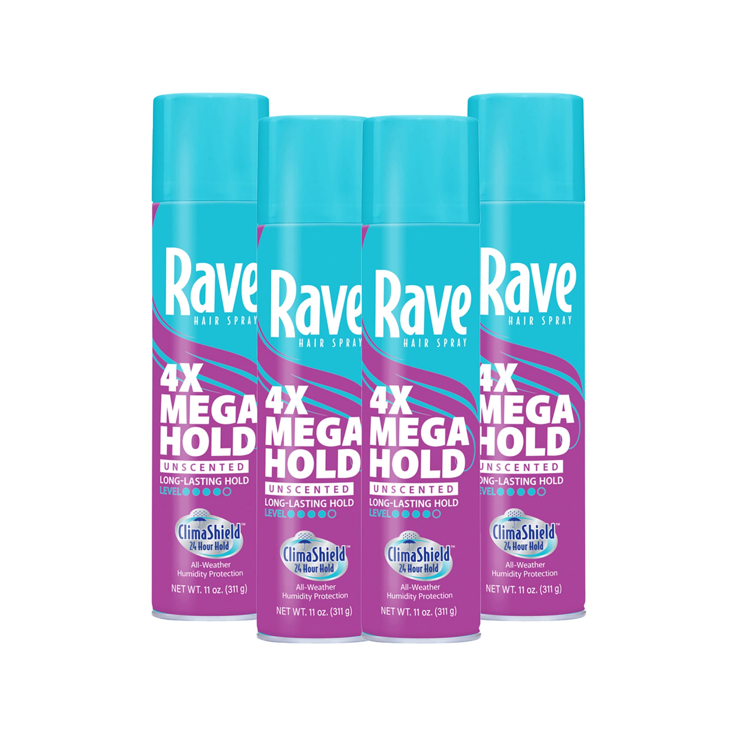 rave front packaging shows unscented aerosol, clear branding and benefit
