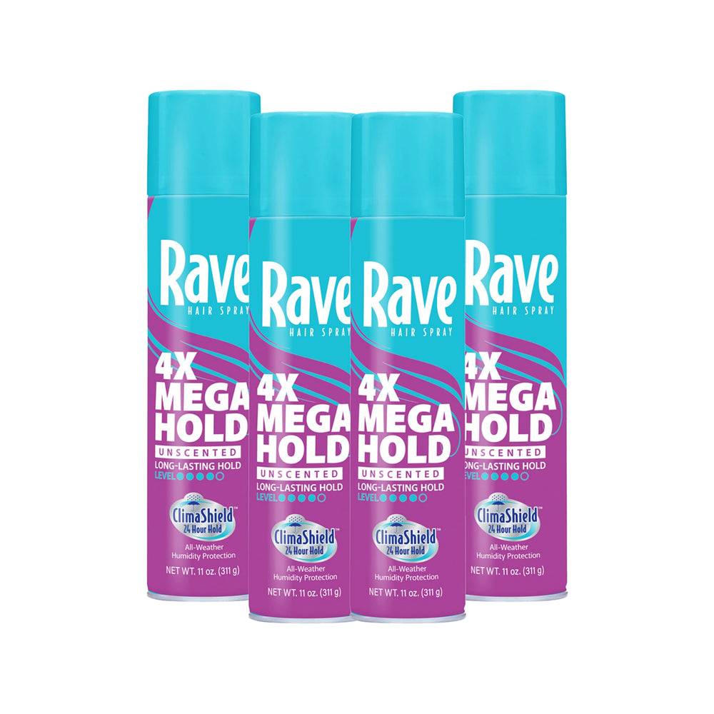 rave front packaging shows unscented aerosol, clear branding and benefit