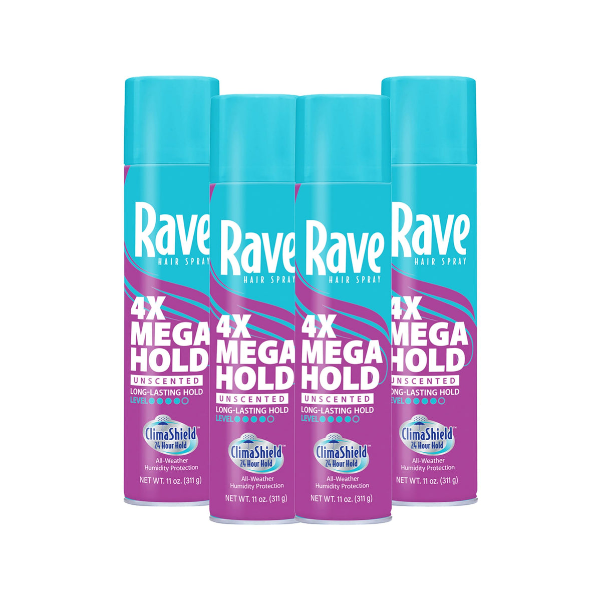 rave front packaging shows unscented aerosol, clear branding and benefit