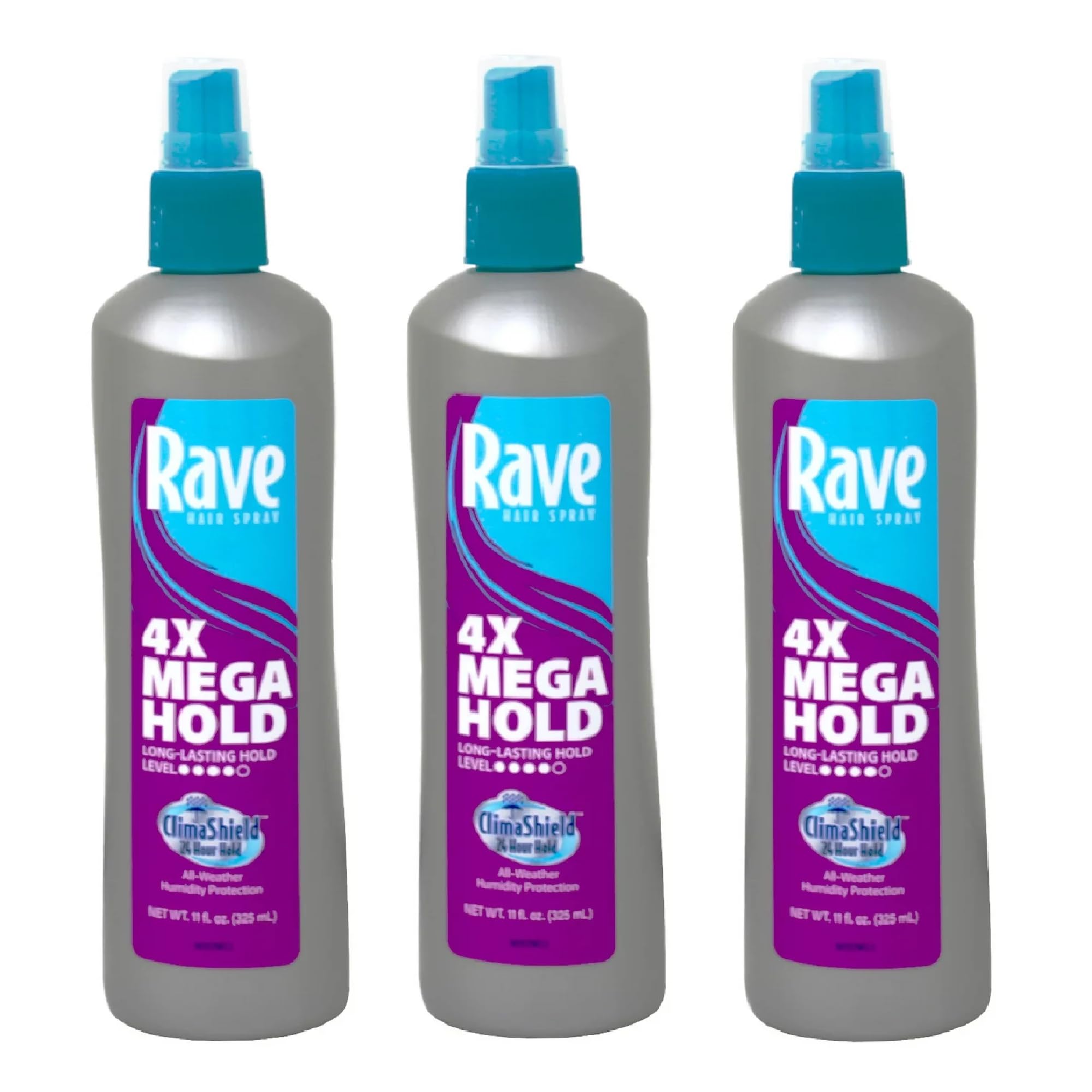 rave unscented pump hairspray front packaging showing three 11 fl oz bottles and clear labeling