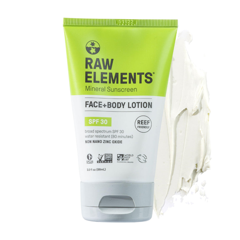 Raw Elements tube front view showing SPF 30 and compact design benefit