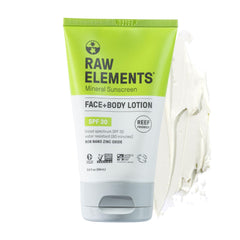 Raw Elements tube front view showing SPF 30 and compact design benefit