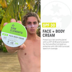 Raw Elements product label and ingredient list highlighting zinc oxide and natural extracts