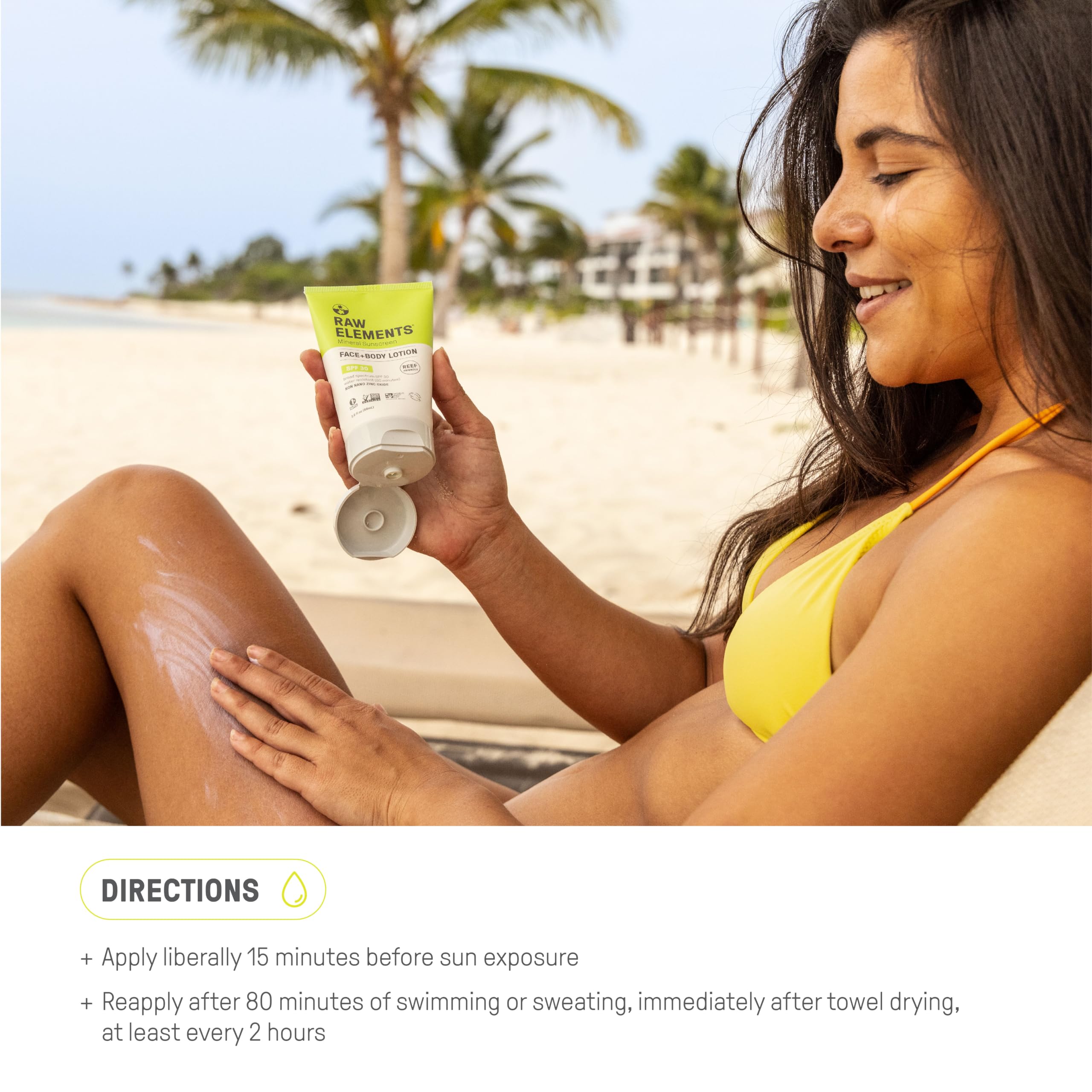 Raw Elements 3 oz tube next to common items showing travel-friendly benefit