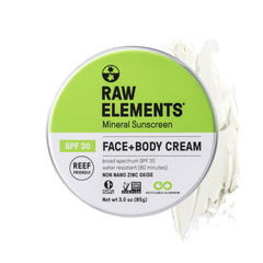Raw Elements front tin showing branding and SPF 30 protection benefits