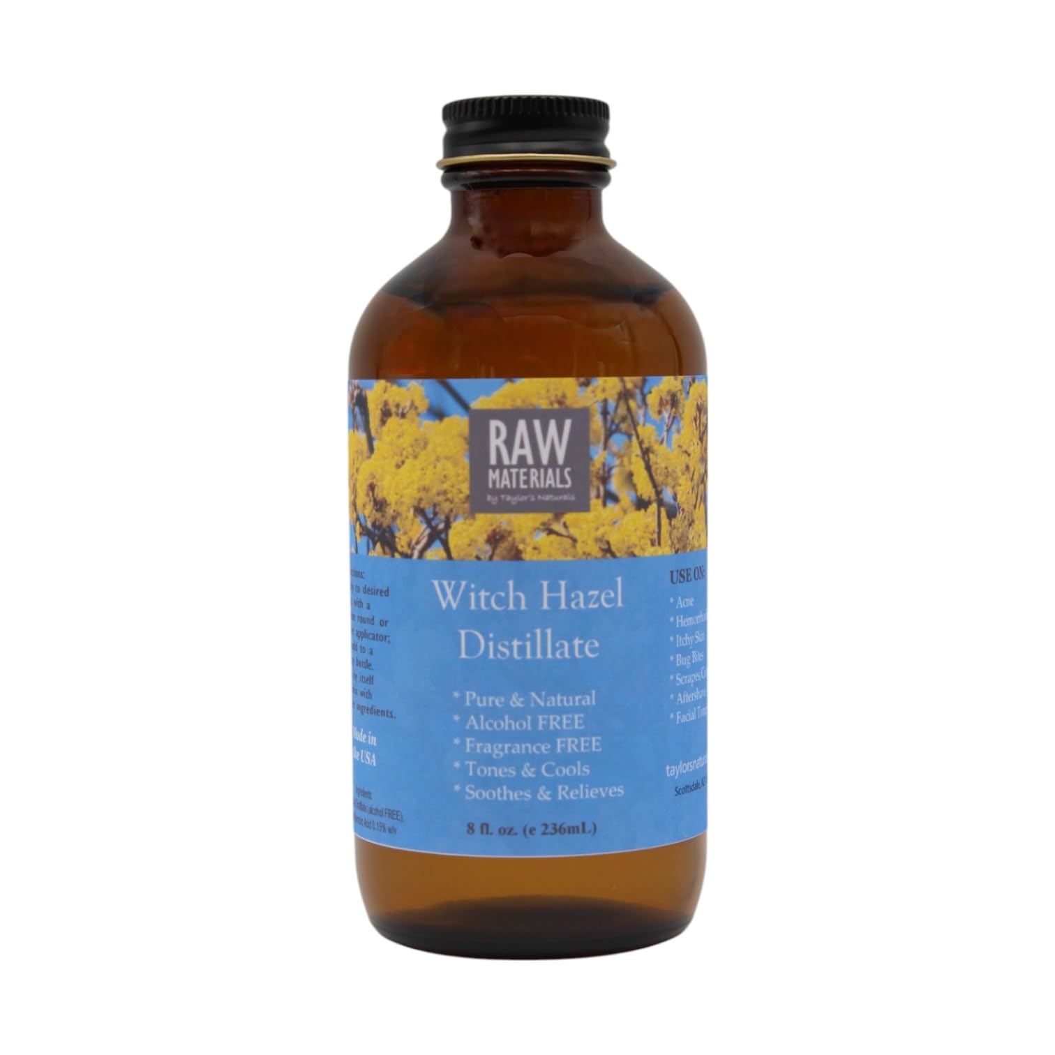 RAW MATERIALS front packaging in amber glass bottle showing product identity and purity