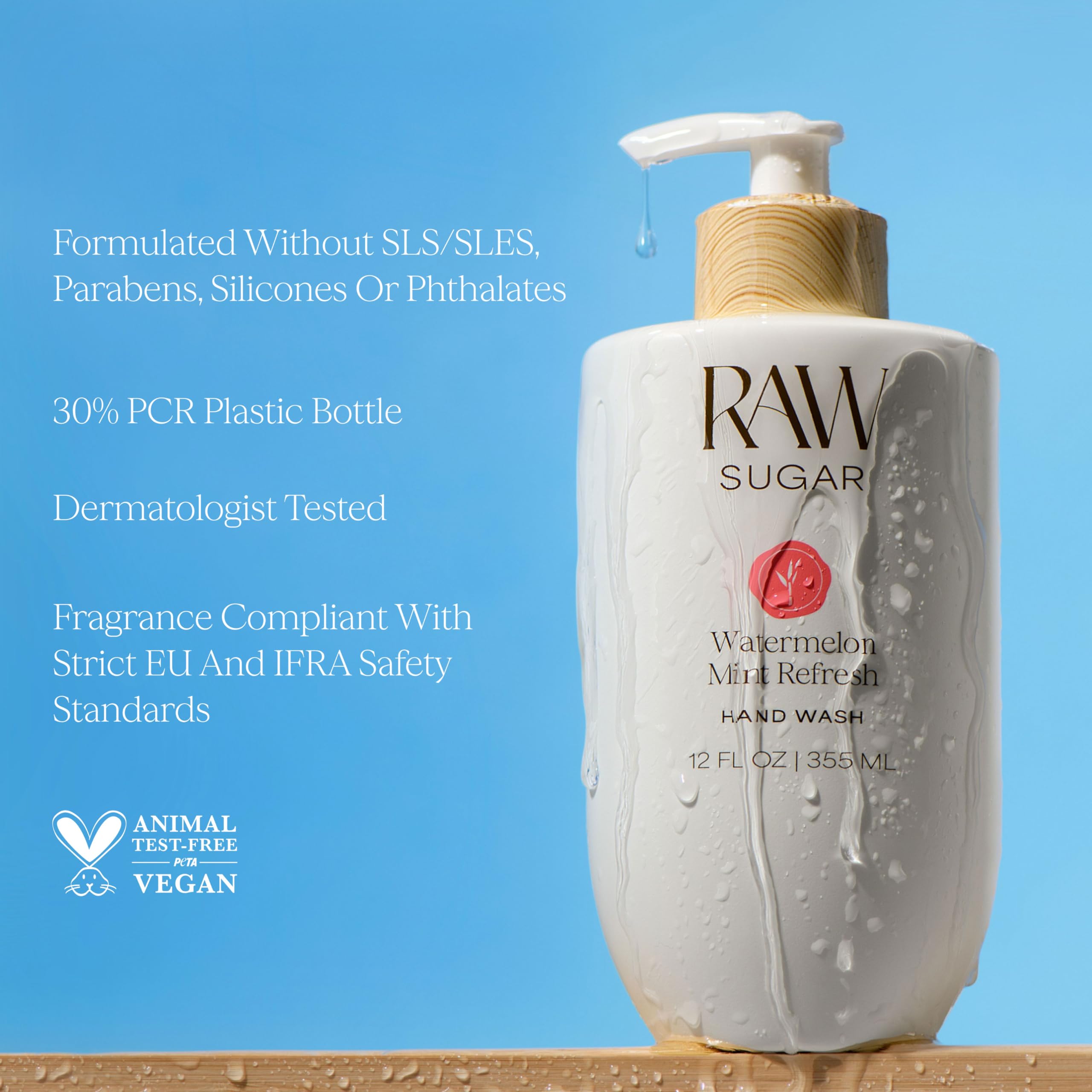 RAW SUGAR four bottles styled on a bathroom shelf for decorative effect