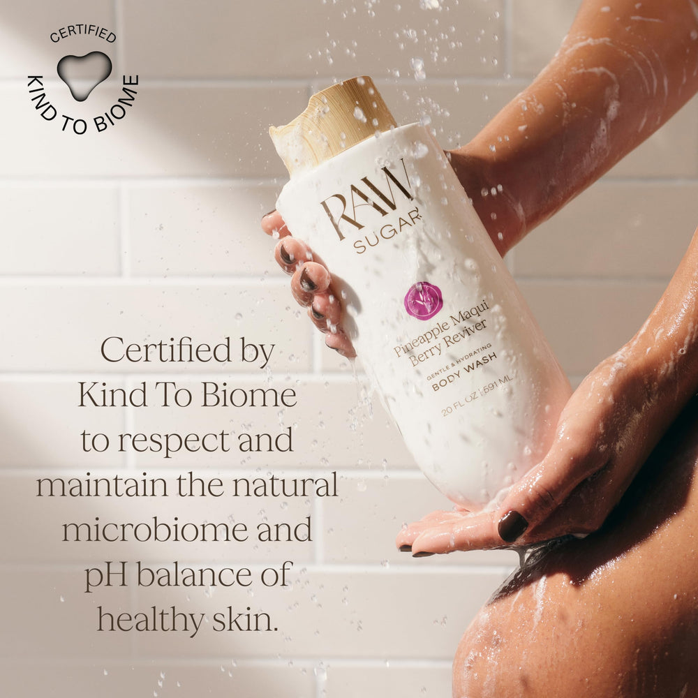 RAW SUGAR bottle on bathroom shelf conveying everyday refreshment and routine benefit