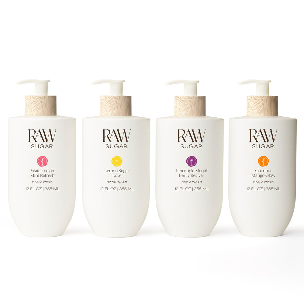RAW SUGAR front packaging showing four bottles and variety benefits