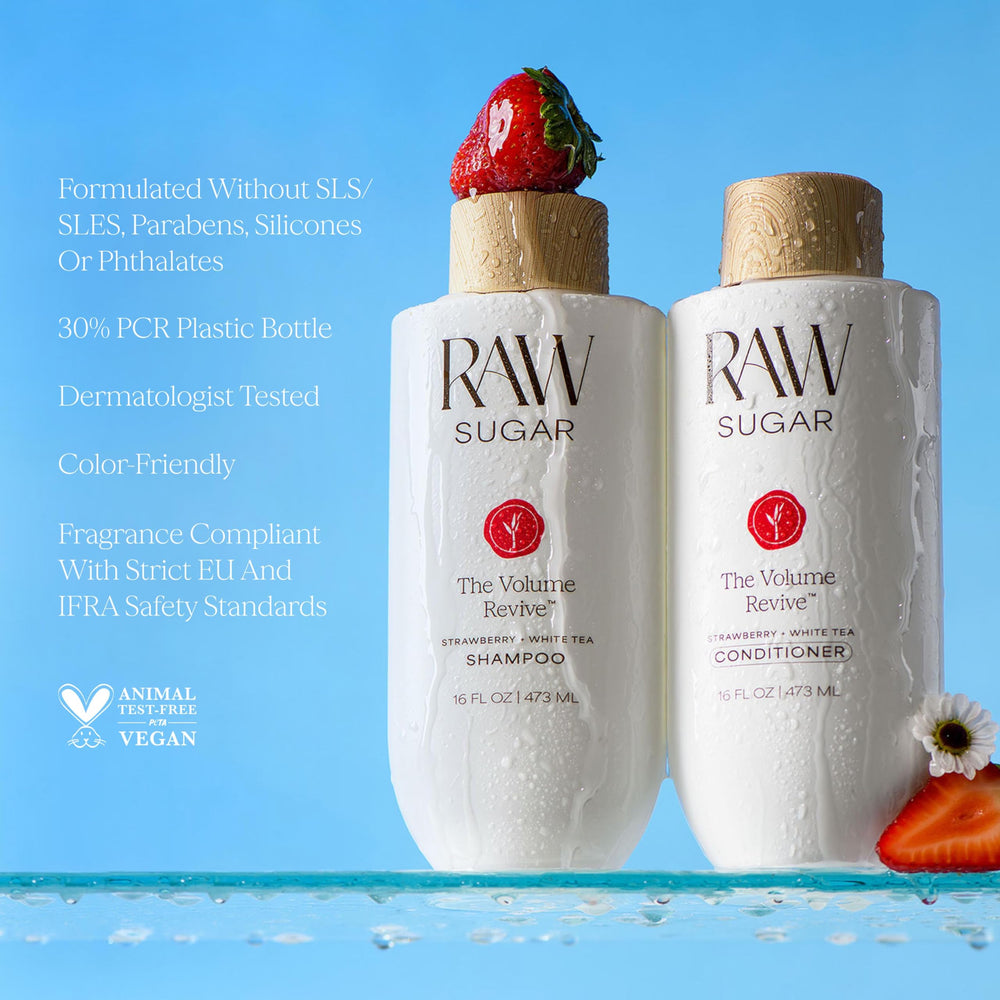 Raw Sugar nettle and strawberry ingredient illustration for fuller-looking hair
