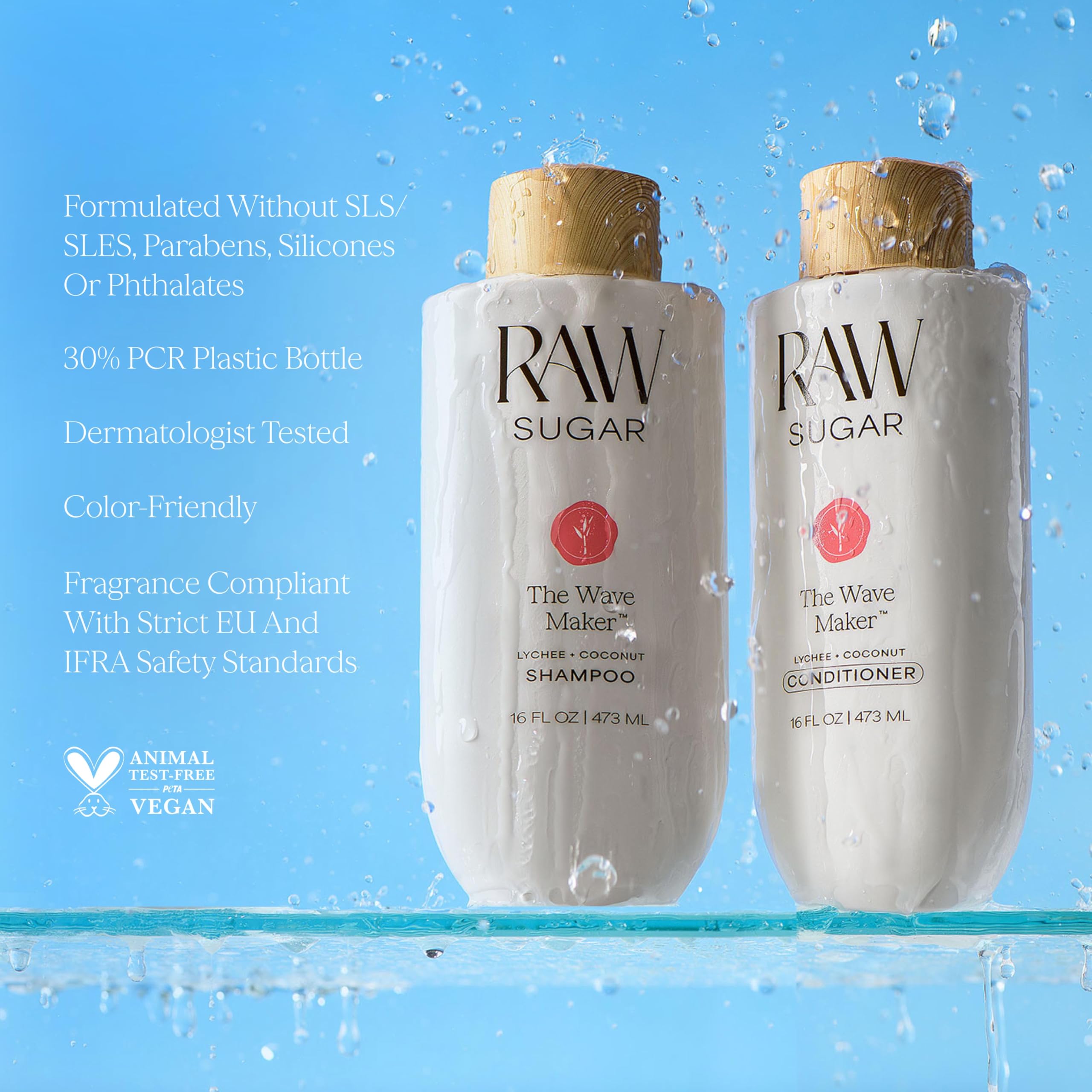 RAW SUGAR duo held in hand illustrating true-to-size 16 oz bottles