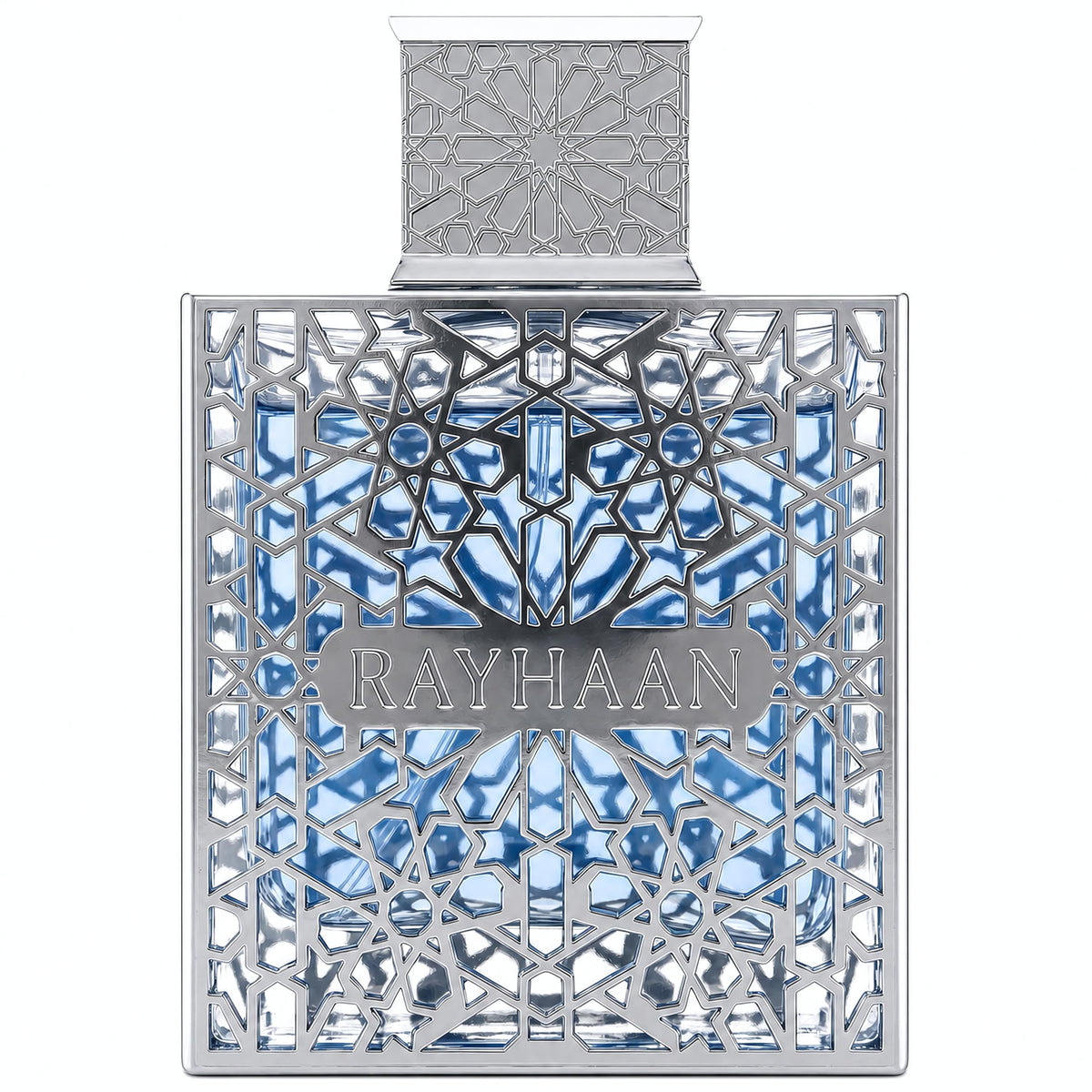 RAYHAAN bottle front view showing clear glass and label, presenting premium freshness