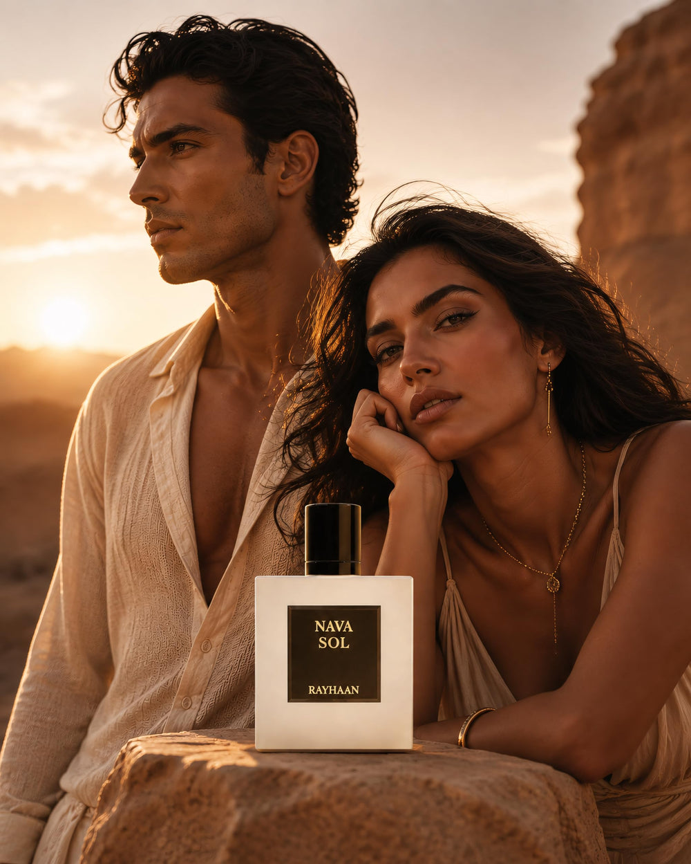 RAYHAAN flatlay of fragrance notes card showing sapodilla, magnolia, sandalwood composition