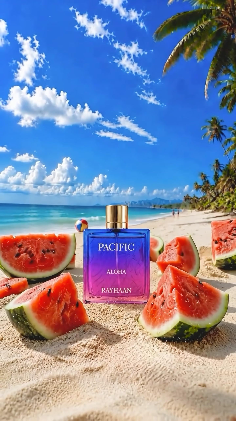 RAYHAAN bottle staged on a beach scene evoking island breeze and summer vibe