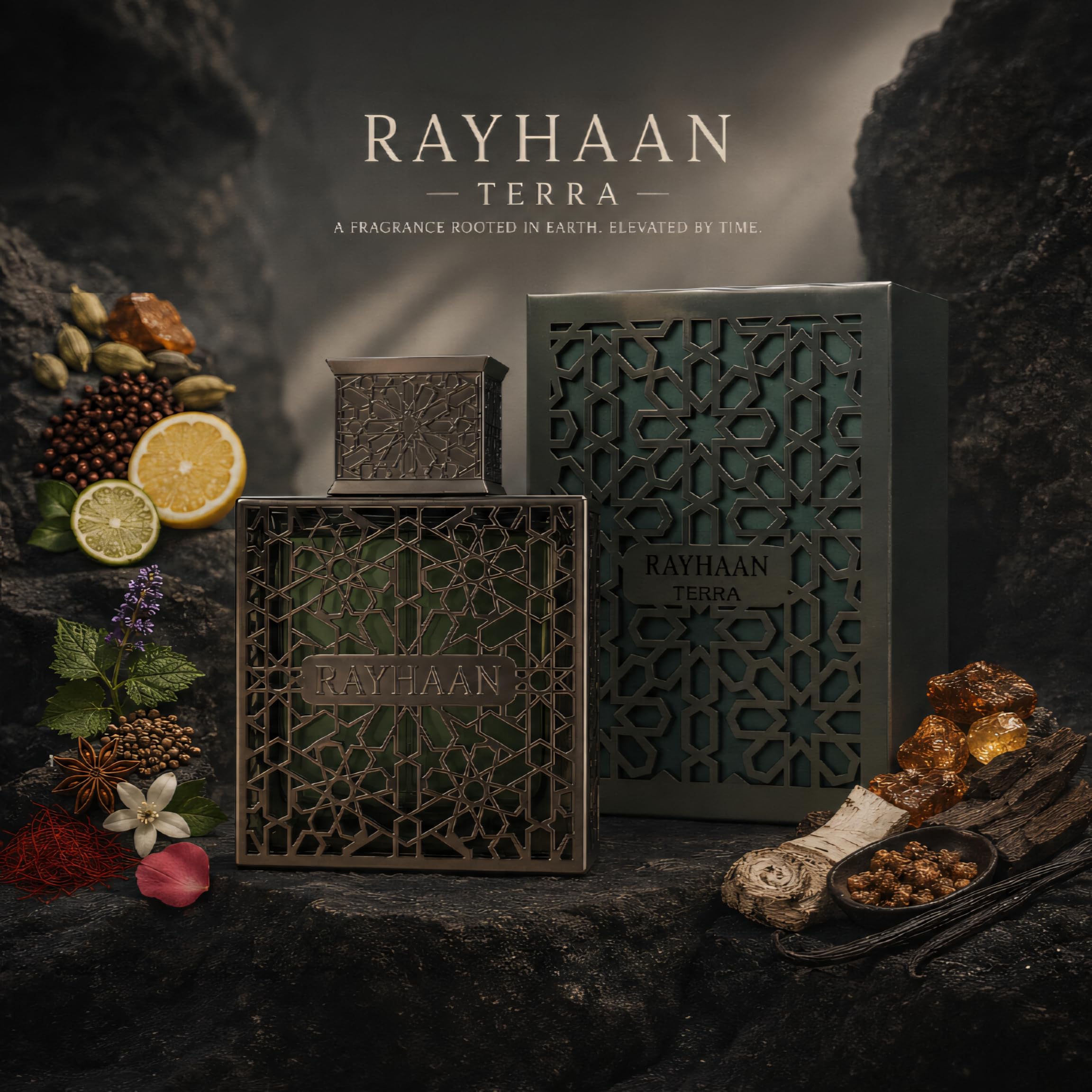 RAYHAAN flatlay with wood and resins highlighting base notes