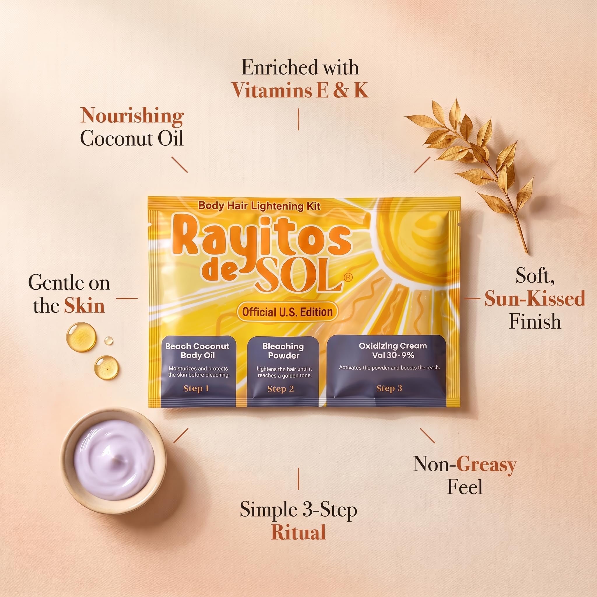 rayitos de sol application brush and bowl included for precise, mess-free use