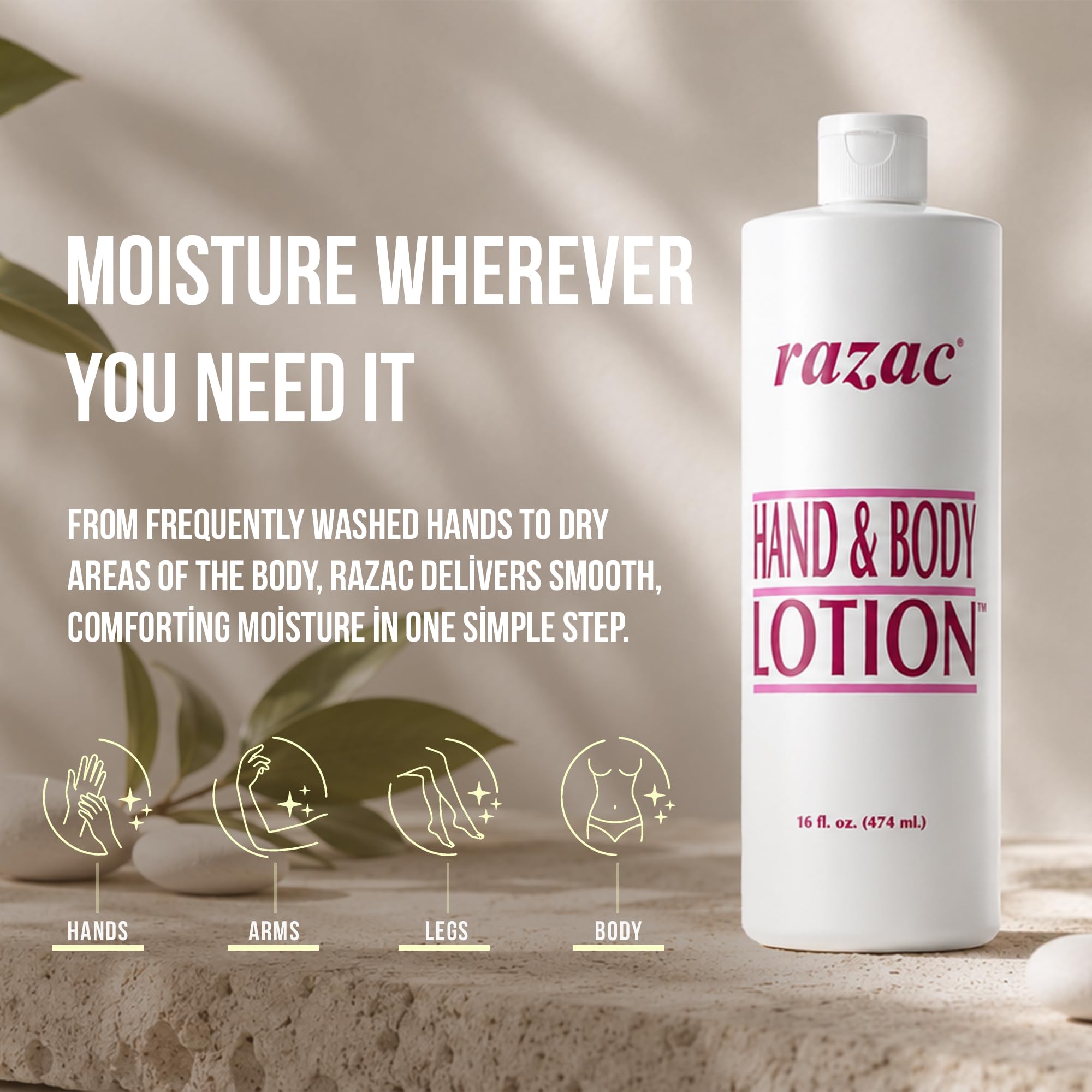 Razac lotion texture dispensed on hand showing quick-absorbing hydration