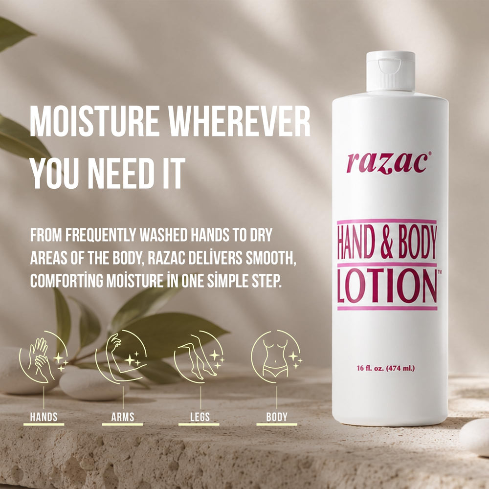 Razac lotion texture dispensed on hand showing quick-absorbing hydration