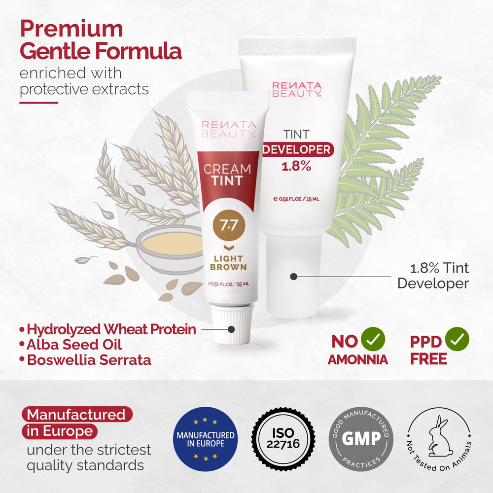 RB RENATA BEAUTY cream developer bottle closeup for gentle processing benefit