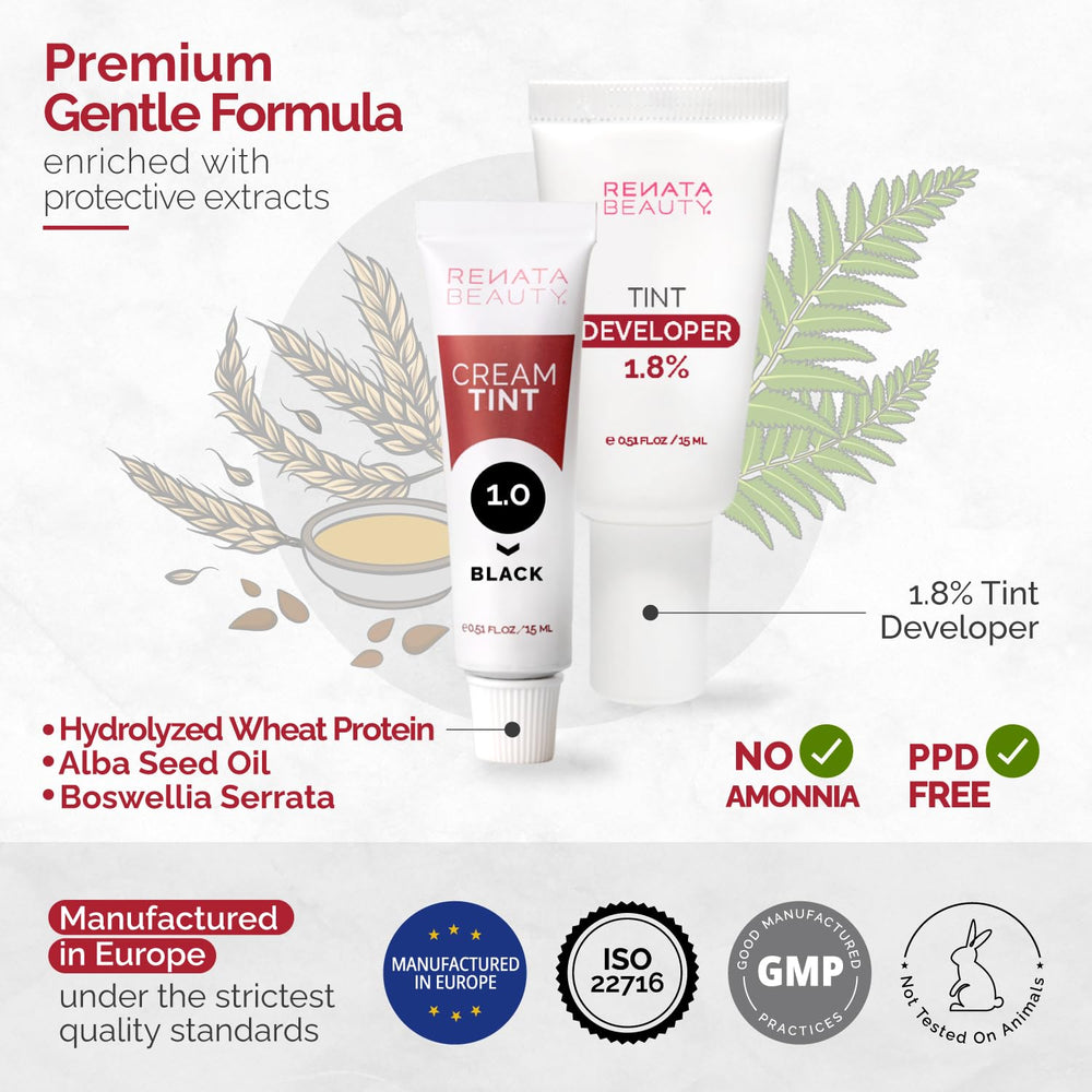 RB RENATA BEAUTY kit components laid out with developer, tint and brush