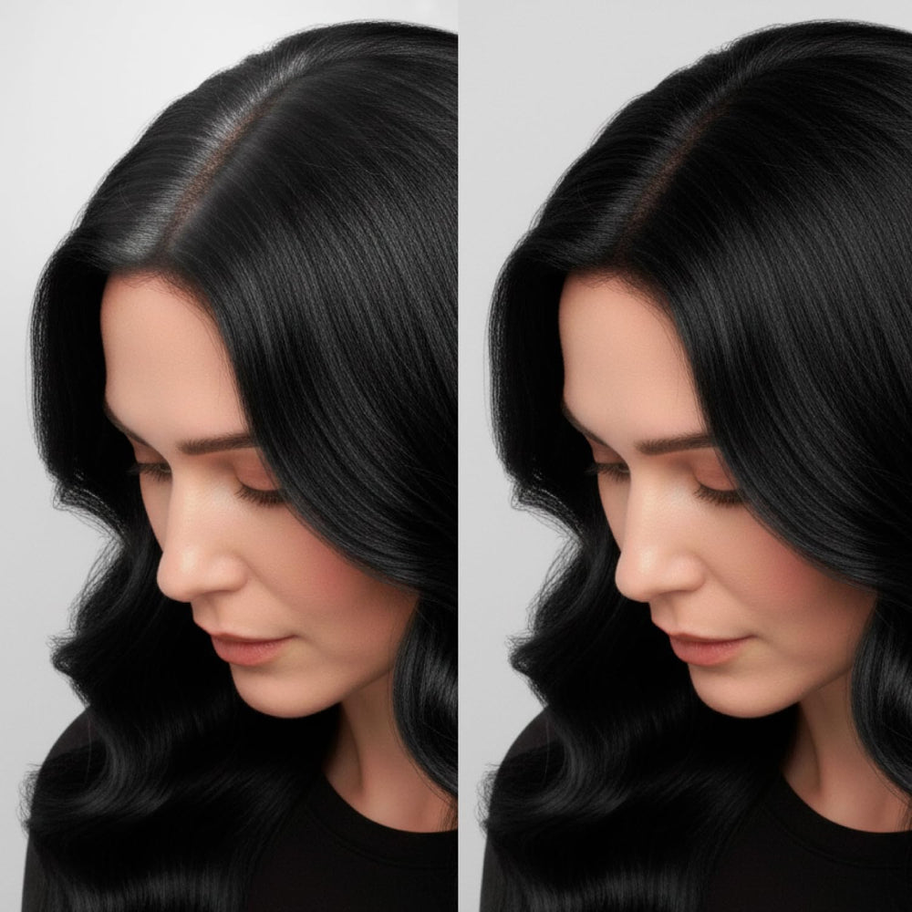 RB RENATA BEAUTY lifestyle shot at mirror showing easy at-home touch-up