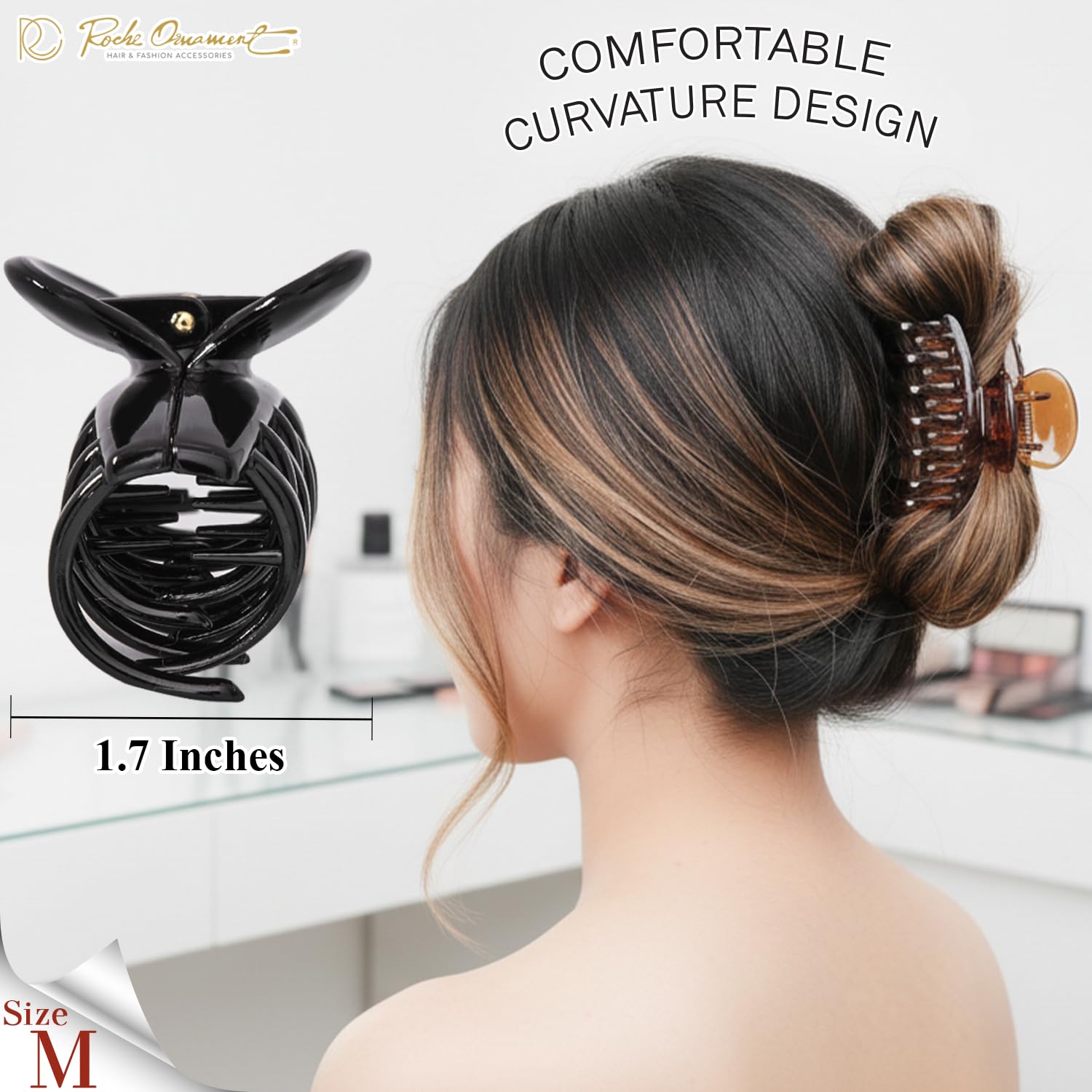RC ROCHE clip holding a ponytail demonstrating reliable all-day hold and comfort